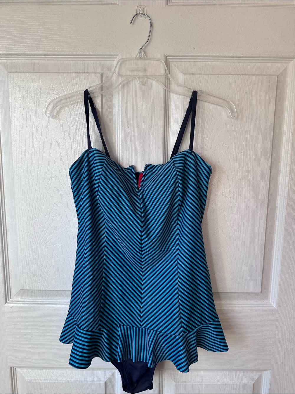 Spanx Blue Women Striped Ruffle Swimdress Sz10